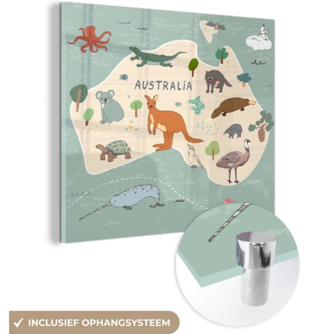 MuchoWow® Glasschilderij - Wereldkaart kinderen - Dieren - Australië - Jongens - Blauw - Kids - 90x90 cm - Acrylglas Schilderijen - Foto op Glas