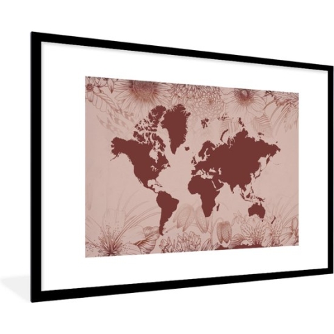 Fotolijst incl. Poster - Wereldkaart - Bloemen - Rood - 90x60 cm - Posterlijst