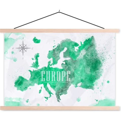 Posterhanger incl. Poster - Schoolplaat - Wereldkaart - Europa - Verf - 150x100 cm - Blanke latten