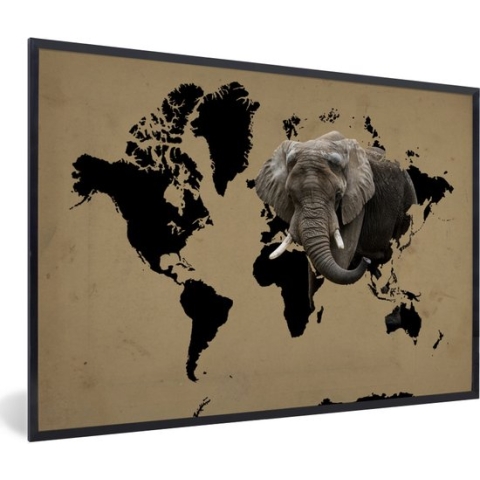 Fotolijst incl. Poster - Wereldkaart - Zwart - Olifant - 90x60 cm - Posterlijst