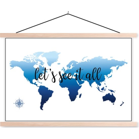 Posterhanger incl. Poster - Schoolplaat - Wereldkaart - Blauw - Kompas - 150x100 cm - Blanke latten