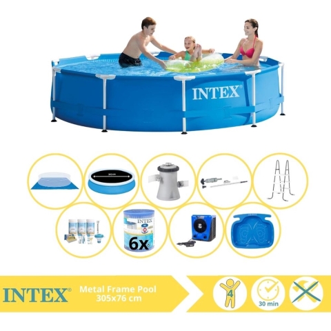 Intex Metal Frame Zwembad - Opzetzwembad - 305x76 cm - Inclusief Solarzeil, Onderhoudspakket, Filter, Grondzeil, Stofzuiger, Trap, Voetenbad en Warmtepomp HS