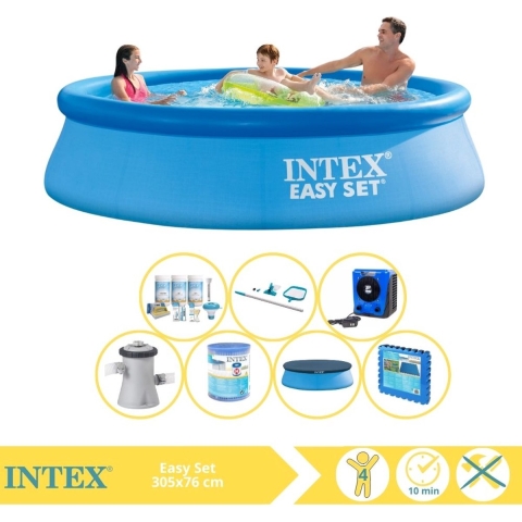 Intex Easy Set Zwembad - Opblaaszwembad - 305x76 cm - Inclusief Afdekzeil, Onderhoudspakket, Zwembadpomp, Filter, Onderhoudsset, Zwembadtegels en Warmtepomp HS