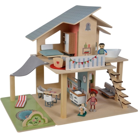 Eichhorn houten poppenhuis inclusief meubels en poppetjes, 25dlg.