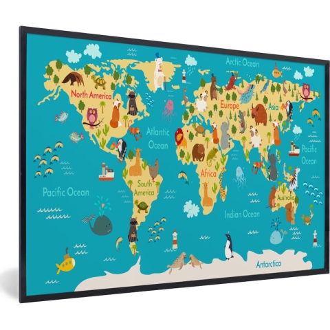 Poster in fotolijst kind - Wereldkaart - Kinderen - Dieren - Geel - Blauw - Jongens - Meisjes - Kinder decoratie - 120x80 cm - Schilderij voor kinderen - Wanddecoratie kinderkamers