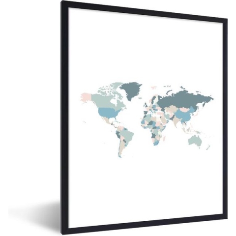 Fotolijst incl. Poster - Wereldkaart - Blauw - Roze - 60x80 cm - Posterlijst