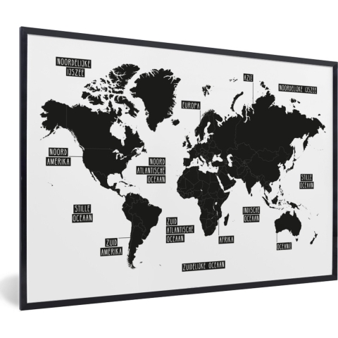 Poster in fotolijst kinderen - Muurdecoratie kinderkamer - Wereldkaart - Zwart - Wit - Kinderen - Jongen - Meisje - Poster kinderkamer - 120x80 cm - Kinder decoratie