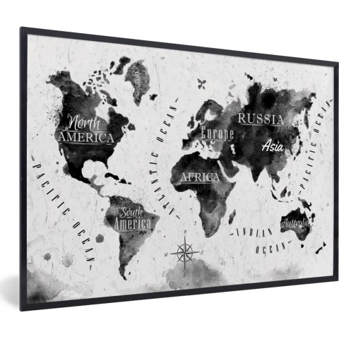 Fotolijst incl. Poster - Wereldkaart - Waterverf - Zwart - Wit - 120x80 cm - Posterlijst