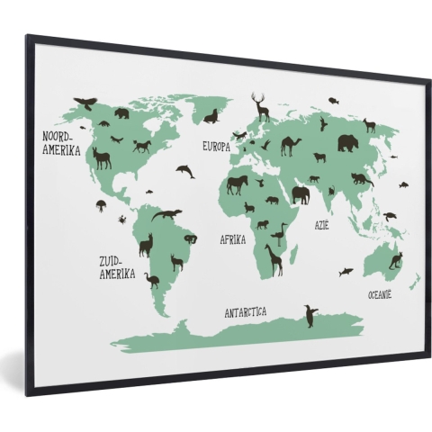 Poster in lijst kinderen - Schilderij kids - Kinderkamer wanddecoratie - Wereldkaart - Kinderen - Dieren - Groen - Kids - Jongen - Meiden - 120x80 cm