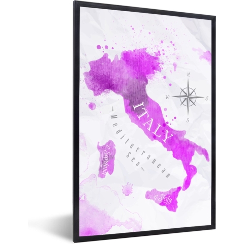 Fotolijst incl. Poster - Wereldkaart - Roze - Italië - 80x120 cm - Posterlijst