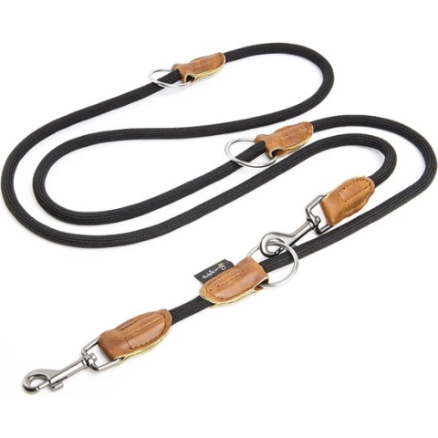 Hondenriem met lederen doppen (2,30 m) - verstelbare lengte - robuuste riem in zwart - hoogwaardige trainingslijn