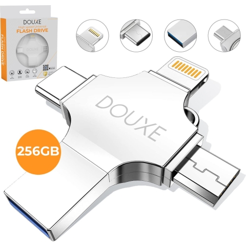 USB Stick 256GB - Flashdrive voor iPhone / iOS / Android 256GB - Flash Drive 4 In 1 - Douxe T03