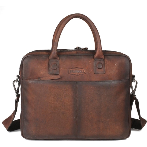 Sparwell Leren laptoptas 14" inch | Aktetas 100% Leer | Donker Bruin