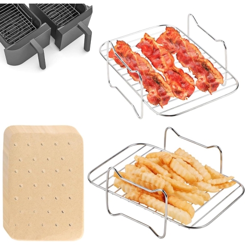 2 x Hot Air Fryer Grillrek met 100 x Bakpapier, Roestvrijstalen Dehydratorrek, Airfryer voor Ninja Foodi AF300EU AF400EU, Accessoires voor het roosteren en bakken van Hot Air Fryer.
