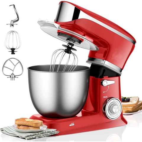 Royalty Line Keukenmachine - Keukenrobot - 1900W - Keukenmixer met 6 Snelheidsstanden + LED, incl. Garde / Kneedhaak / Klopper en Pannenlikker, Met Spatscherm & RVS Mengkom 6.5 L - Rood