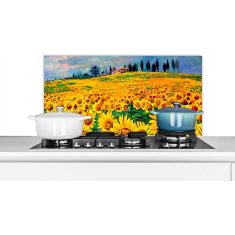 Spatscherm Keuken - Kookplaat Achterwand - Spatwand Fornuis - 80x40 cm - Olieverf - Schilderij - Bloemen - Zonnebloem - Aluminium - Wanddecoratie - Muurbeschermer - Hittebestendig
