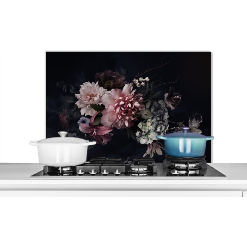 Spatscherm Keuken - Kookplaat Achterwand - Spatwand Fornuis - 90x60 cm - Bloemen - Vintage - Pastel - Roze - Wit - Aluminium - Wanddecoratie - Muurbeschermer - Hittebestendig