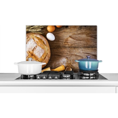 Spatscherm Keuken - Kookplaat Achterwand - Spatwand Fornuis - 70x50 cm - Brood - Eieren - Keuken - Aluminium - Wanddecoratie - Muurbeschermer - Hittebestendig