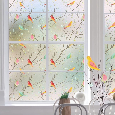 glas-in-lood raamfolie, ondoorzichtige privacyfolie: zelfklevende raamzonwering, kleurrijke decoratieve folie, privacy, statisch hechtend, melkglasfolie, vogelmotief (75 x 400 cm)
