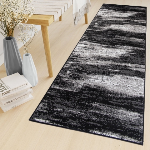 Tapiso Maya Loper Vloerkleed Zwart Grijs  Donker Gang Modern Woonkamer Gang Maat- 80x1300