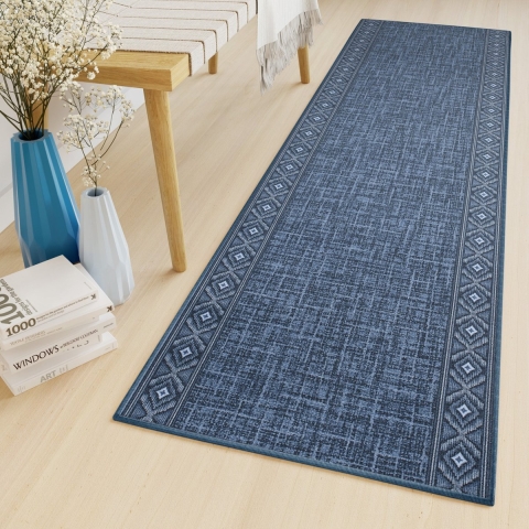 Tapiso Antislip Rubber Mat Loper Blauw Woonkamer Slaapkamer Hal Klassiek Modern Rubbermat Maat- 80x500