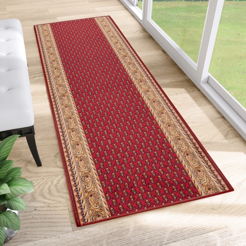 Tapiso Antislip Rubber Mat Rood Beige Oosters Klassiek Rubbermat Tapijt Maat- 100x400