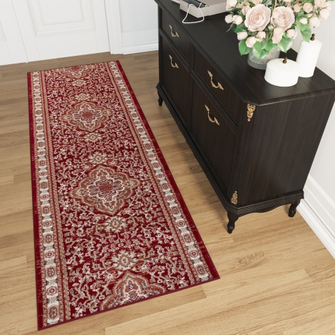 Tapiso Colorado Tapijt Loper Rood Medaillon Woonkamer Slaapkamer Hal Maat - 70x450