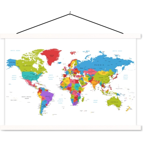 Schoolplaat - Wereldkaart - Simpel - Topografie - 150x100 cm - Textielposter Witte latten - Textiel poster