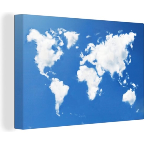 Canvas Wereldkaart - 120x80 - Wanddecoratie Wereldkaart - Wolken - Lucht - Kinderen - Jongens - Meisjes