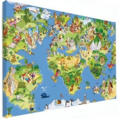Wereldkaart Prent Dieren En Bezienswaardigheden - Canvas 90x60