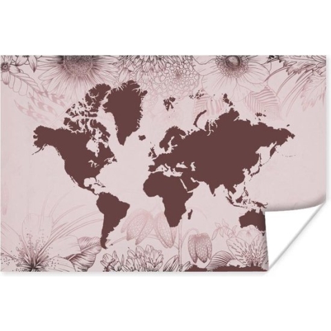 Poster Wereldkaart - Bloemen - Paars - 180x120 cm XXL