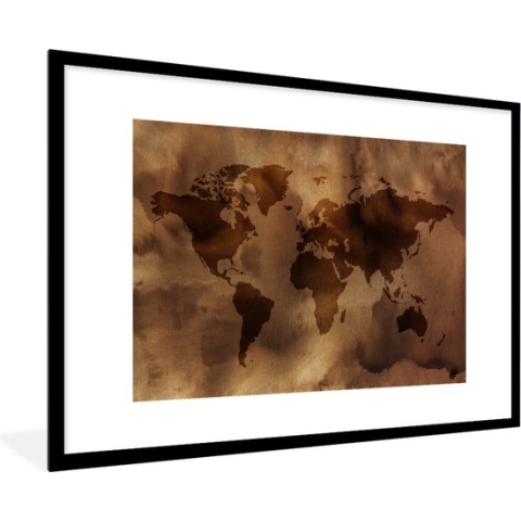Fotolijst incl. Poster - Wereldkaart - Bruin - Patronen - 90x60 cm - Posterlijst