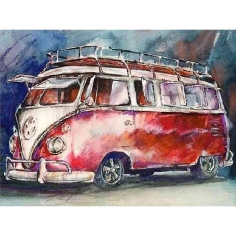 Diamond painting - Tekening van rode VW bus - Geproduceerd in Nederland - 50 x 70 cm - dibond materiaal - vierkante steentjes - Binnen 2-3 werkdagen in huis