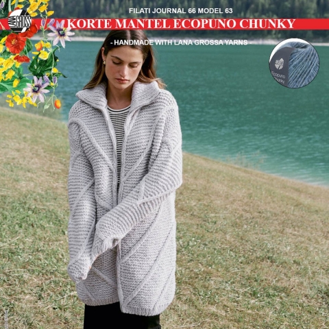 Breipakket mantel met Ecopuno Chunky-mt.36/40- model 63 van Lana Grossa Filati Journal nr. 66- jeans