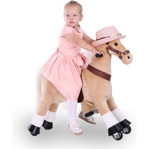 Kijana Rijdend Speelgoed Paard - Hobbelpaard - 74 x 29 x 79 cm - 3-6 Jaar - Inclusief Inline Skate Wieltjes - Licht bruin