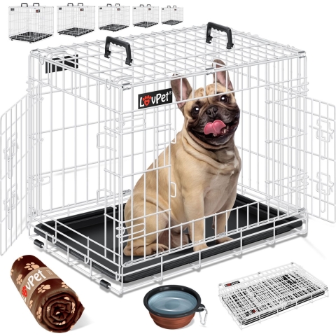 LOVPET® Hondenkooi Opvouwbaar Hondentransportkooi Incl. Fleecedeken + Kom Hondenbox met 2 Deuren Transportkooi Auto, Huisdier Transportbox Hondentransportbox met Vloertray - XL, Wit