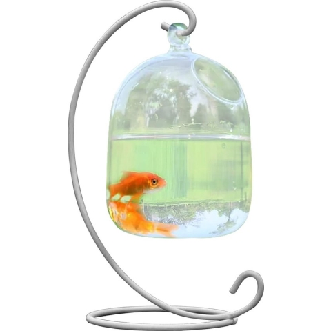 Hangende glazen vaas met standaard, creatieve visvaas van glas, transparante goudviskom, kleine tafelblad mini-aquarium voor Betta-vissen, decoratie voor thuis, tuin en bureau.