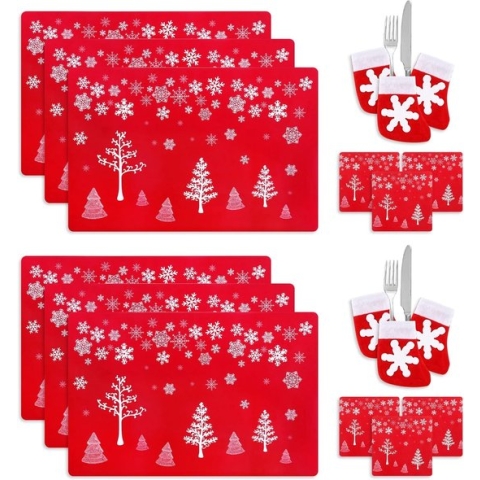 Placemat, afwasbaar, set van 6 placemats voor Kerstmis, vilten placemats voor kinderen, rood