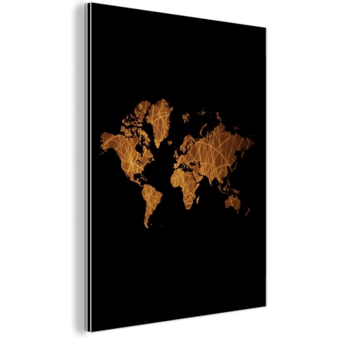 Wanddecoratie Metaal - Aluminium Schilderij Industrieel - Wereldkaart - Goud - Lijnen - 60x80 cm - Dibond - Foto op aluminium - Industriële muurdecoratie - Voor de woonkamer/slaapkamer