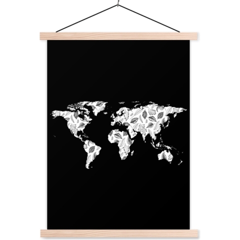 Wanddecoratie - Wereldkaart - Planten - Zwart - Schoolplaat - 120x160 cm - Textielposter - Textiel poster