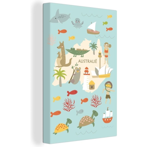 Canvas Wereldkaart - 80x120 - Wanddecoratie Wereldkaart Kinderen - Australië - Dieren