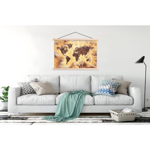 Posterhanger incl. Poster - Schoolplaat - Wereldkaart - Glitter - Goud - 150x100 cm - Blanke latten
