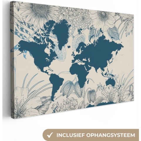 Canvas Wereldkaart - 120x80 - Wanddecoratie Wereldkaart - Blauw - Bloemen