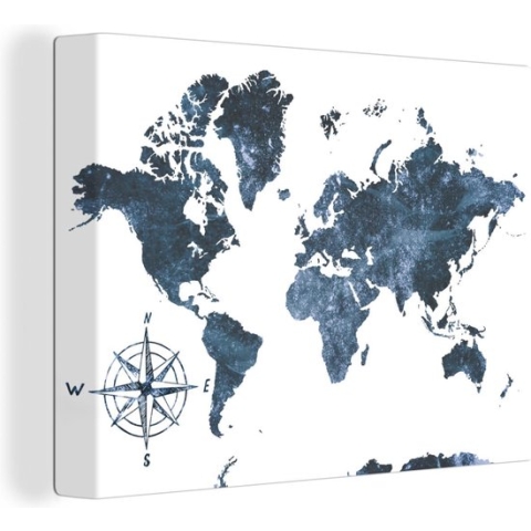Wanddecoratie Wereldkaart - Blauw - Wit - Canvas - 120x90 cm