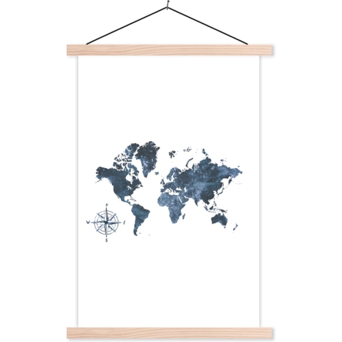 Wanddecoratie - Wereldkaart - Kompas - Glitter - Schoolplaat - 120x180 cm - Textielposter - Textiel poster
