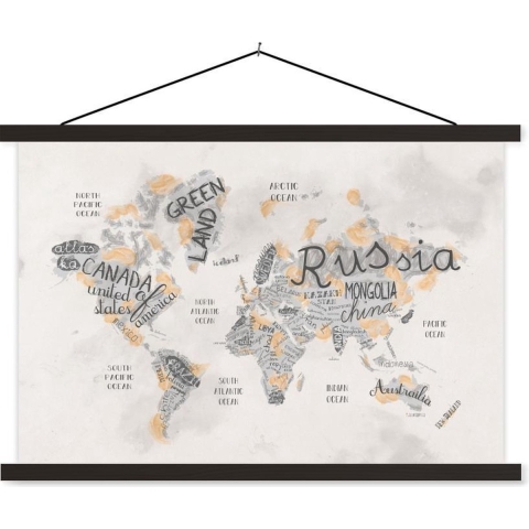 Posterhanger incl. Poster - Schoolplaat - Wereldkaart - Letters - Bruin - 150x100 cm - Zwarte latten