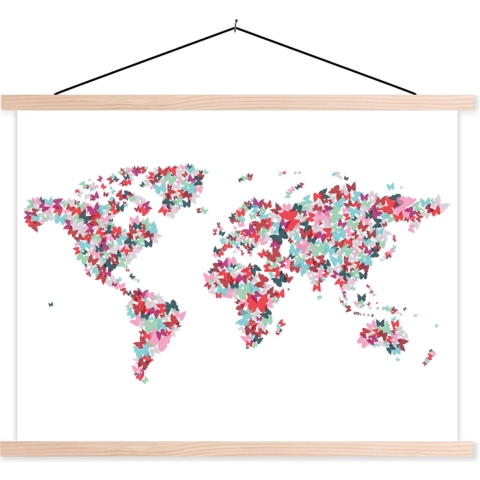Posterhanger incl. Poster - Schoolplaat - Wereldkaart - Vlinders - Kleuren - 150x113 cm - Zwarte latten