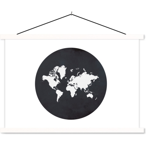 Schoolplaat - Wereldkaart - Zwart Wit - Cirkel - 150x100 cm - Textielposter Witte latten - Textiel poster