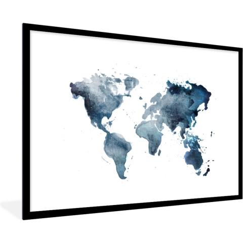 Fotolijst incl. Poster - Wereldkaart - Abstract - Waterverf - 120x80 cm - Posterlijst