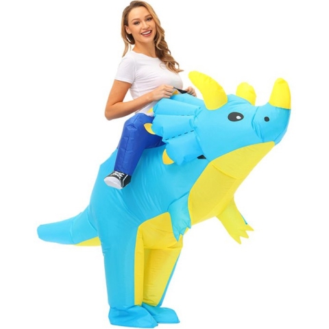 KIMU® Opblaasbaar Triceratops Pak Blauw Dinosaurus Kostuum - Opblaaspak Zittend Op Dino - Opblaasbare Mascotte